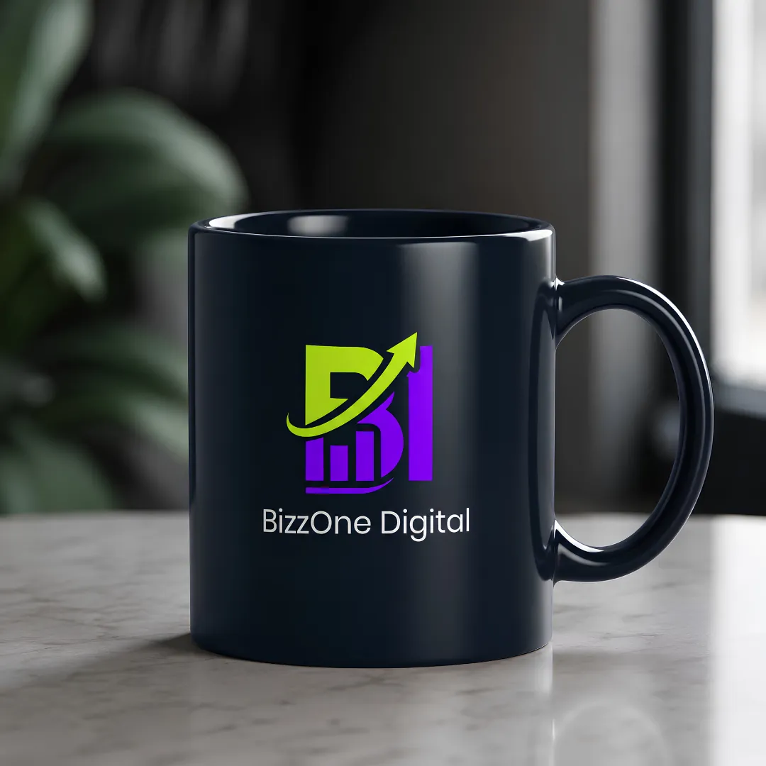 BizzOne Digital logo design shown on a branded coffee mug