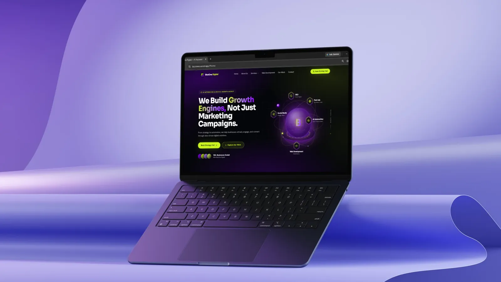 BizzOne Digital agency website displayed on a laptop